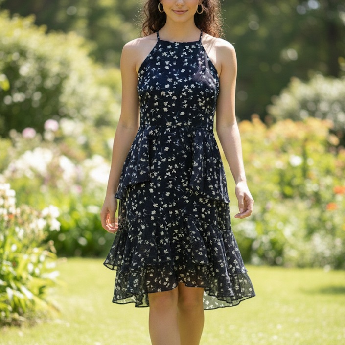Banana Republic Tiered Ruffled Navy Floral High Low Dress
